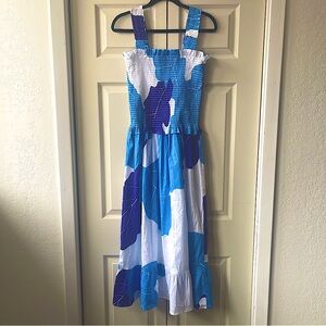 Sheridan French Smocked Midi Dress Blue Palms Size Large NWOT